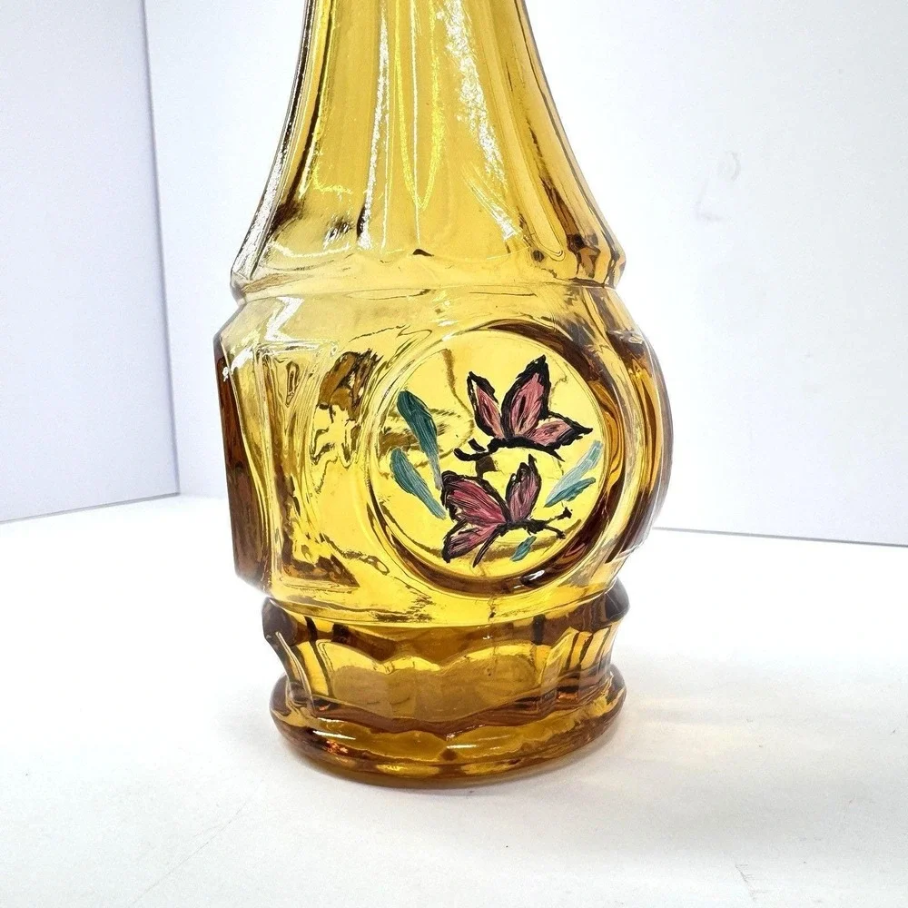 Vintage Amber Glass Bottle Vase Hand Painted Floral Panels Narrow Neck Decor‎